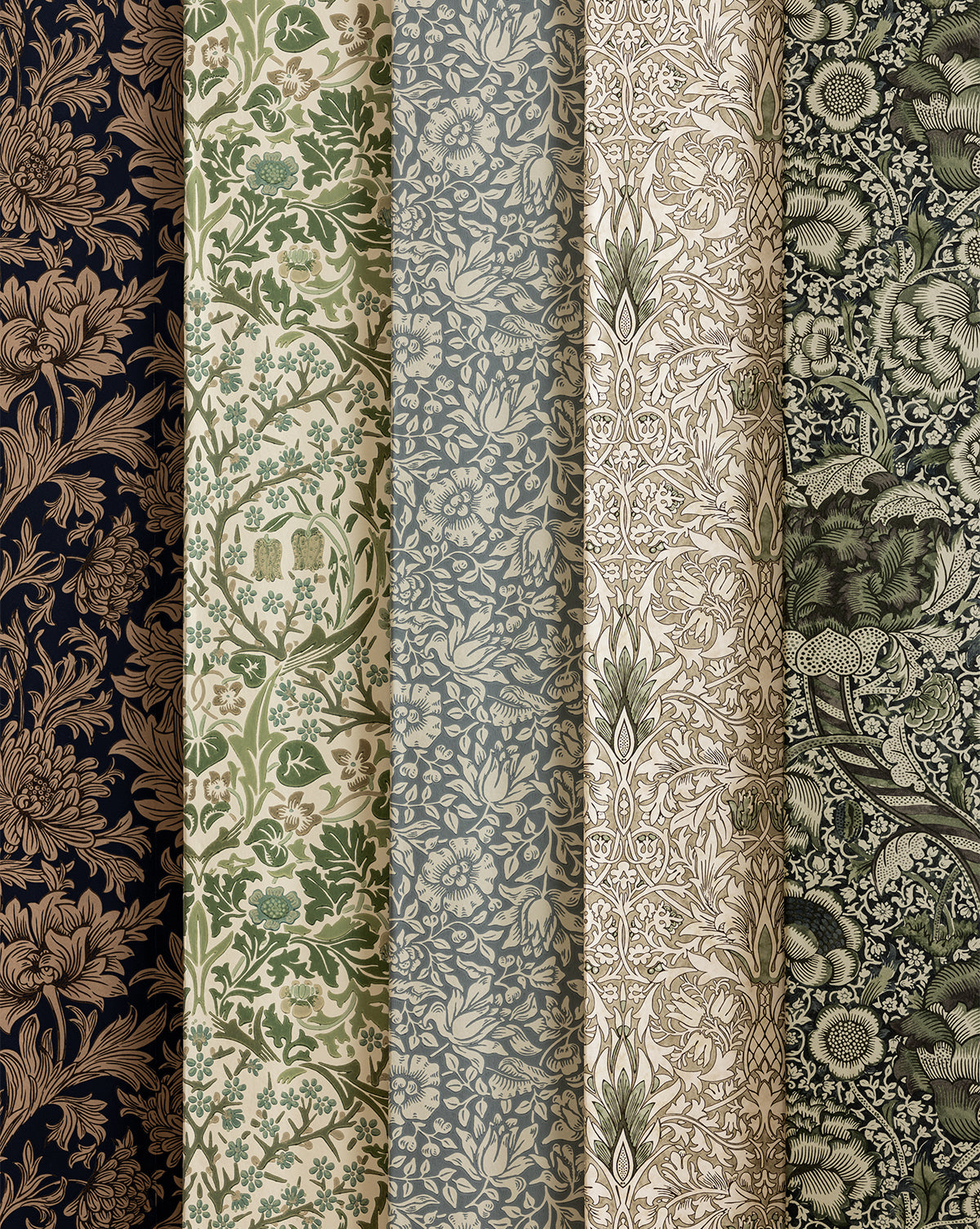 Five rolls of Sanderson Design Group, Inc.s Morris & Co. x Vendixs Chrysanthemum Wallpaper feature intricate botanical motifs in dark blue, olive green, pale blue, cream, and beige—evoking timeless elegance in any space. Vendixs
