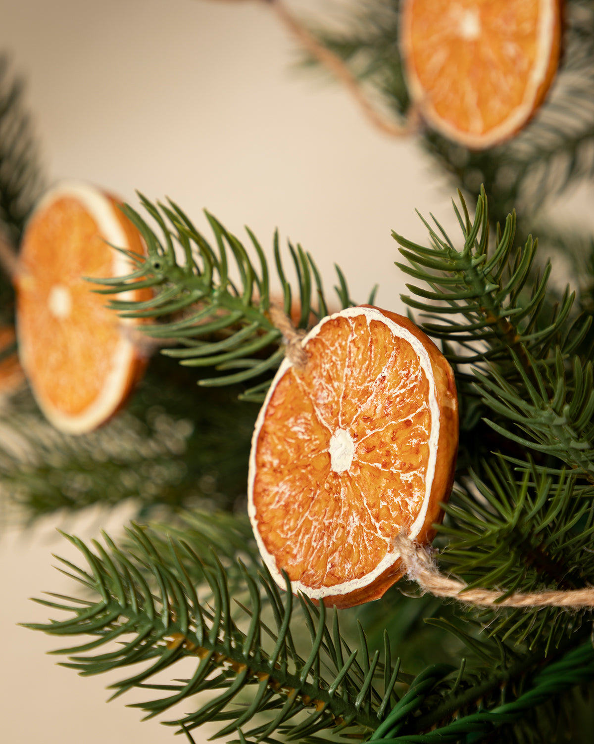 Close-up of the 6' Faux Dried Oranges Garland hanging on green pine branches with twine, adding a festive, vintage touch to your seasonal décor, by Vendixs