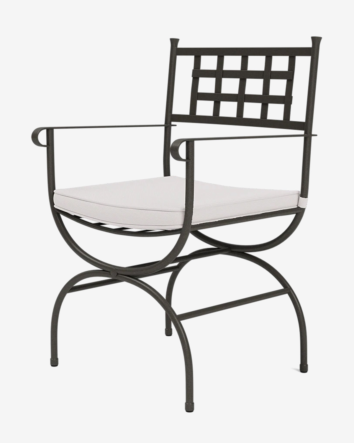 The Addie Outdoor Chair is a black metal patio dining chair with curved legs, armrests, a square-patterned backrest, and a white performance fabric cushion seat, shown against a plain white background by McGee & Co.