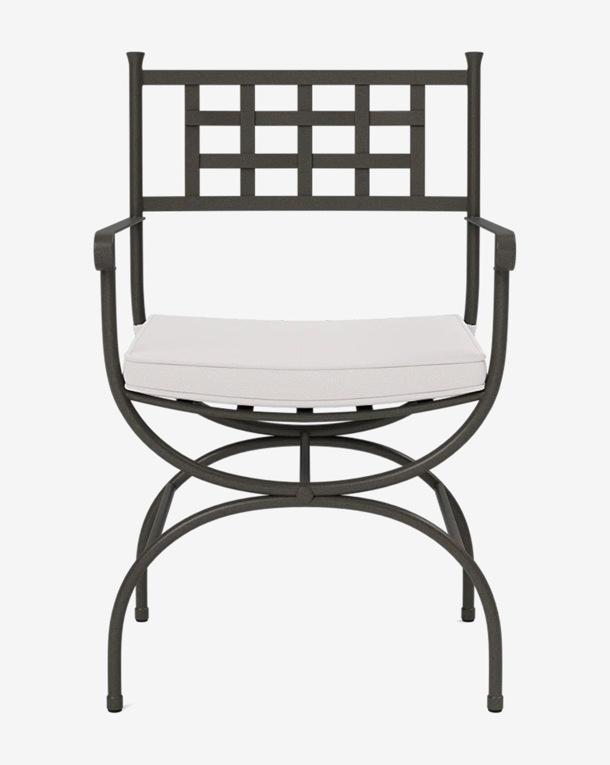 The Addie Outdoor Chair by Made Goods features a black metal frame, square lattice backrest, curved armrests, white performance fabric cushion, and rounded looped legs. Shown against a plain white background. Vendixs