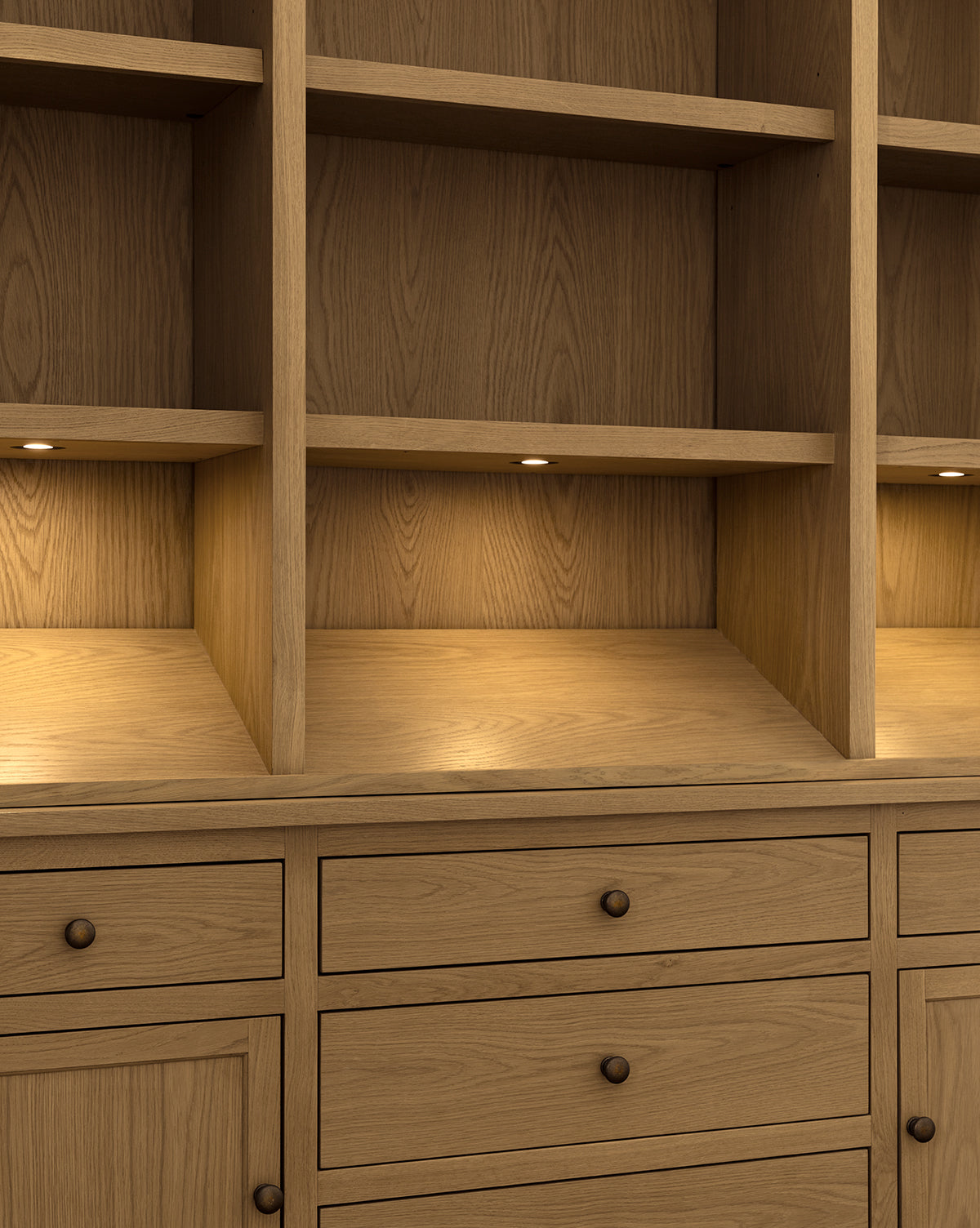 The Adler Oak Cabinet features shelves and drawers with integrated lighting, empty open compartments, and a wood grain pattern for warm, organized storage, by Vendixs