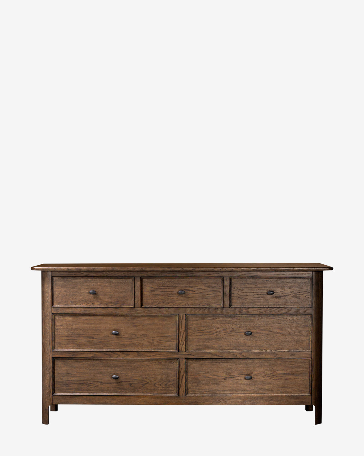 The Four Hands Aeris Dresser is a wooden dresser with seven drawers—three small above four large—round metal knobs, a simple rustic style, and a natural finish, ideal for bedroom storage. Vendixs