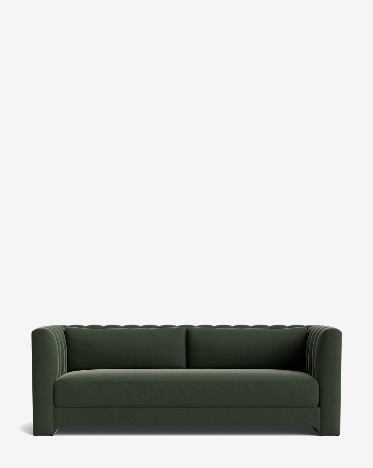The Agatha Sofa 90, in modern dark green with a boxy shape, vertical tufted sides, and a scalloped backrest, showcases Hollywood regency style against a plain white background by Vendixs