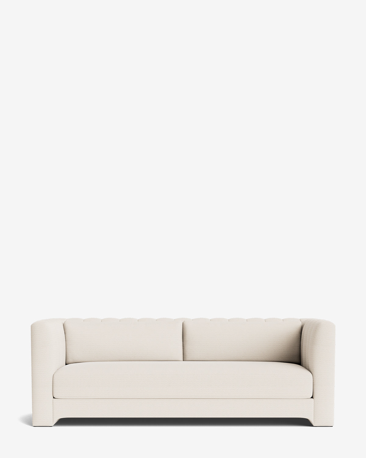The Agatha Sofa 90 features a modern, minimalist design with a low back and curved arms, handcrafted in an off-white finish, displayed against a plain white background, by Vendixs