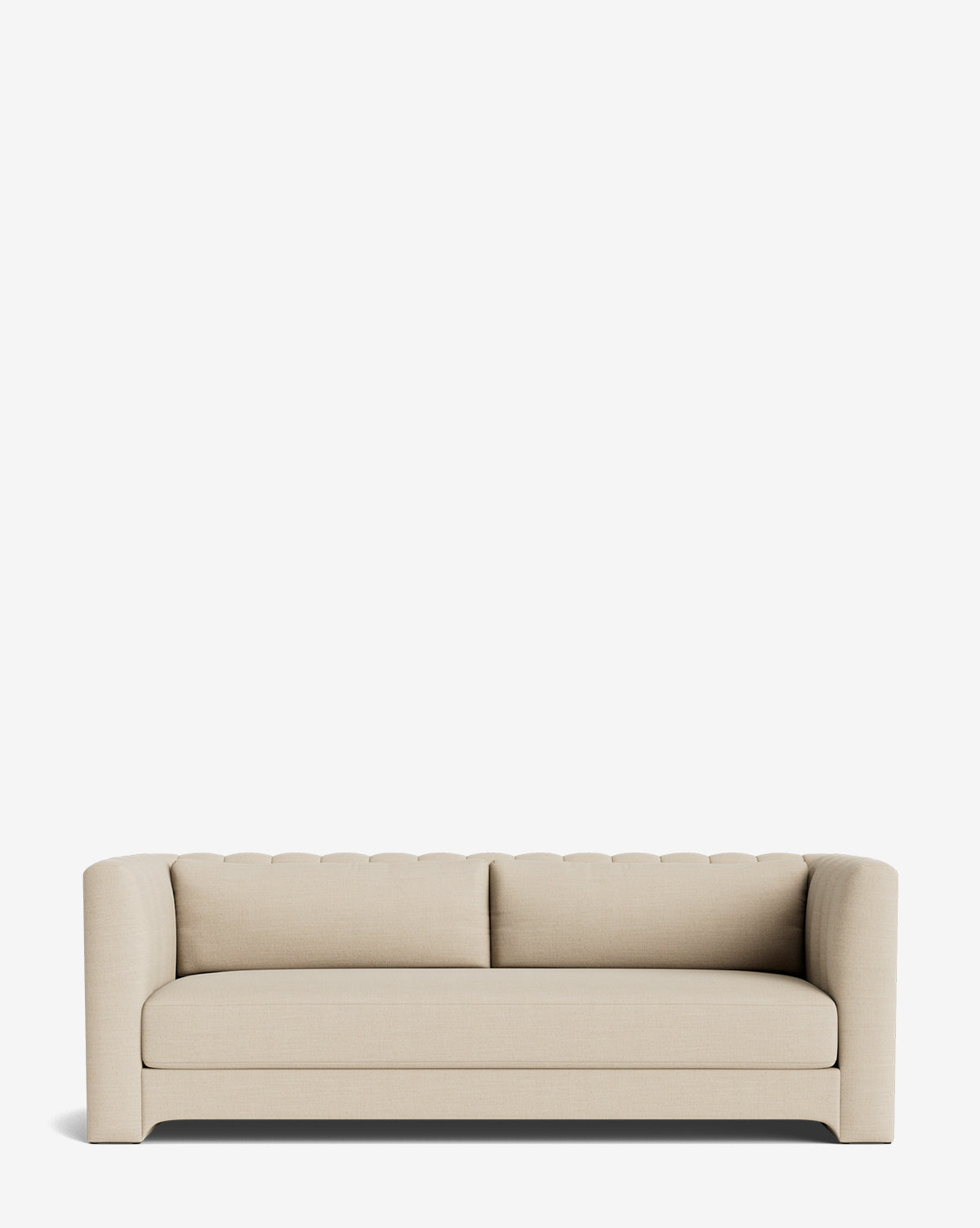 A modern handcrafted Agatha Sofa 90 features a tufted backrest, straight arms, and two seat cushions, set against a plain white background, by Vendixs