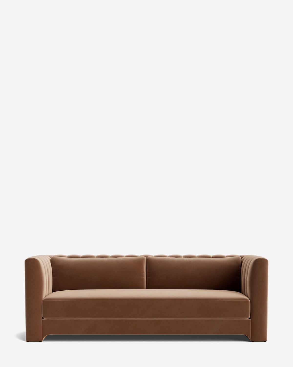 The Agatha Sofa 90 is a modern brown velvet piece with a low backrest, vertical tufting along the top edge, two seat cushions, and upholstered arms, shown against a plain white background, by Vendixs
