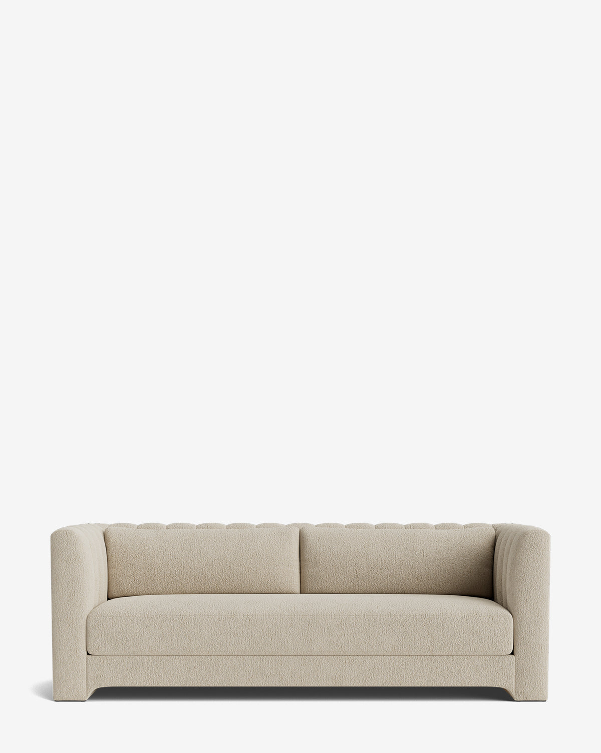 The Agatha Sofa 90 is a modern, light beige handcrafted sofa with a tufted backrest and rounded arms, displayed against a plain white background, by Vendixs