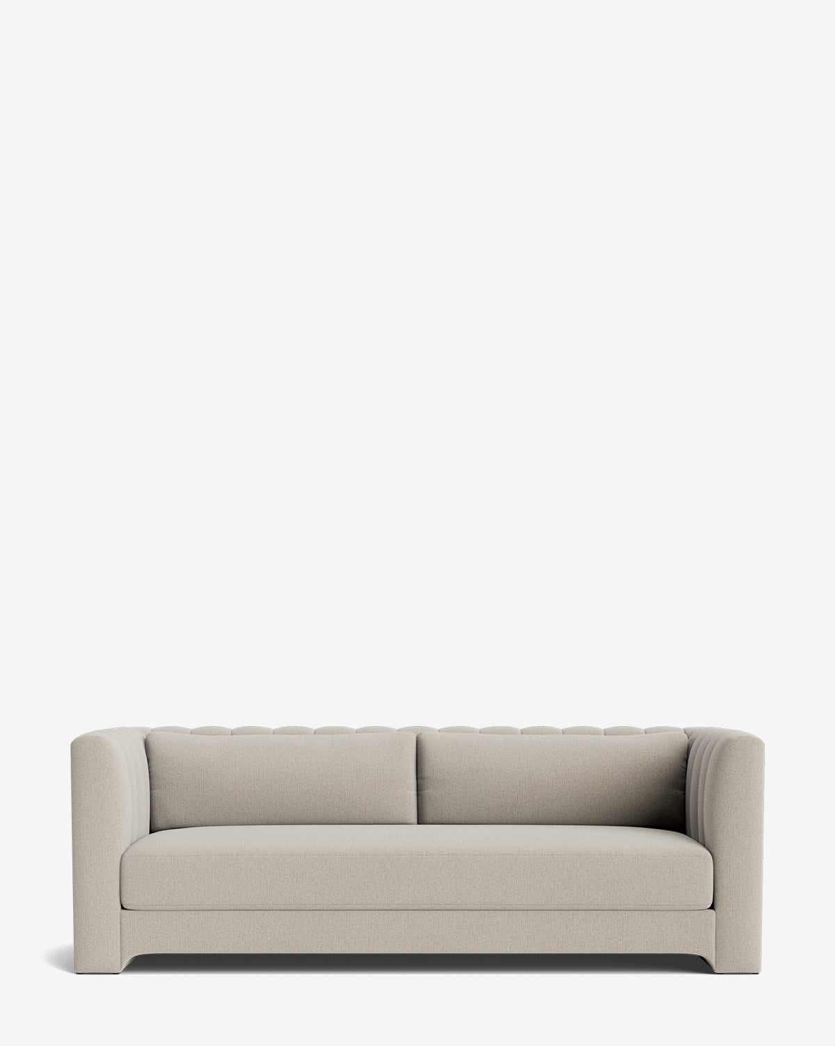The Agatha Sofa 90 is a modern, light beige upholstered handcrafted sofa featuring a tufted backrest, square arms, and two seat cushions in classic Hollywood regency style, shown against a plain white background by Vendixs
