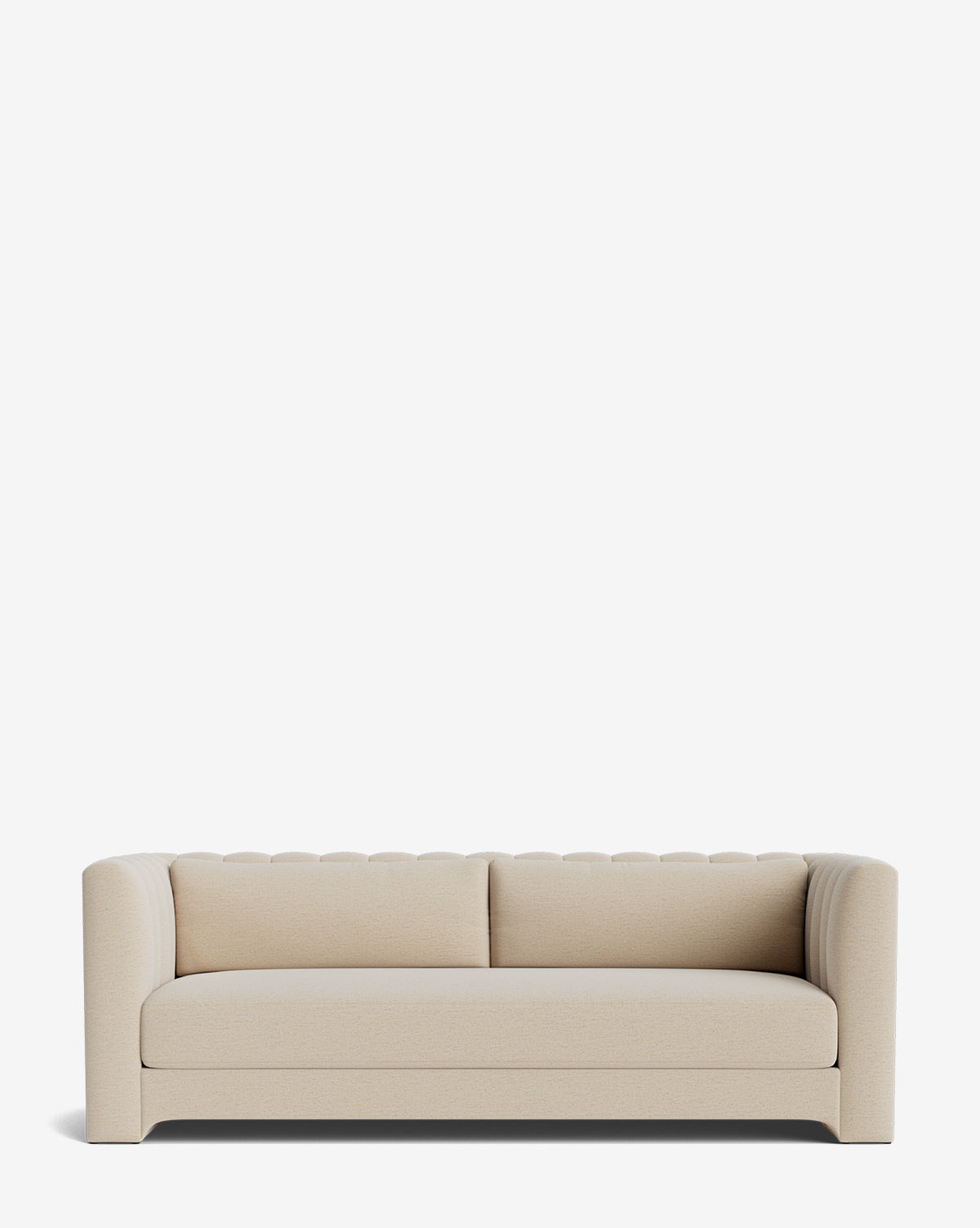The Agatha Sofa 90 is a modern, cream-colored, handcrafted sofa featuring a low back, cushioned seat, and rounded armrests, set against a plain white background by Vendixs