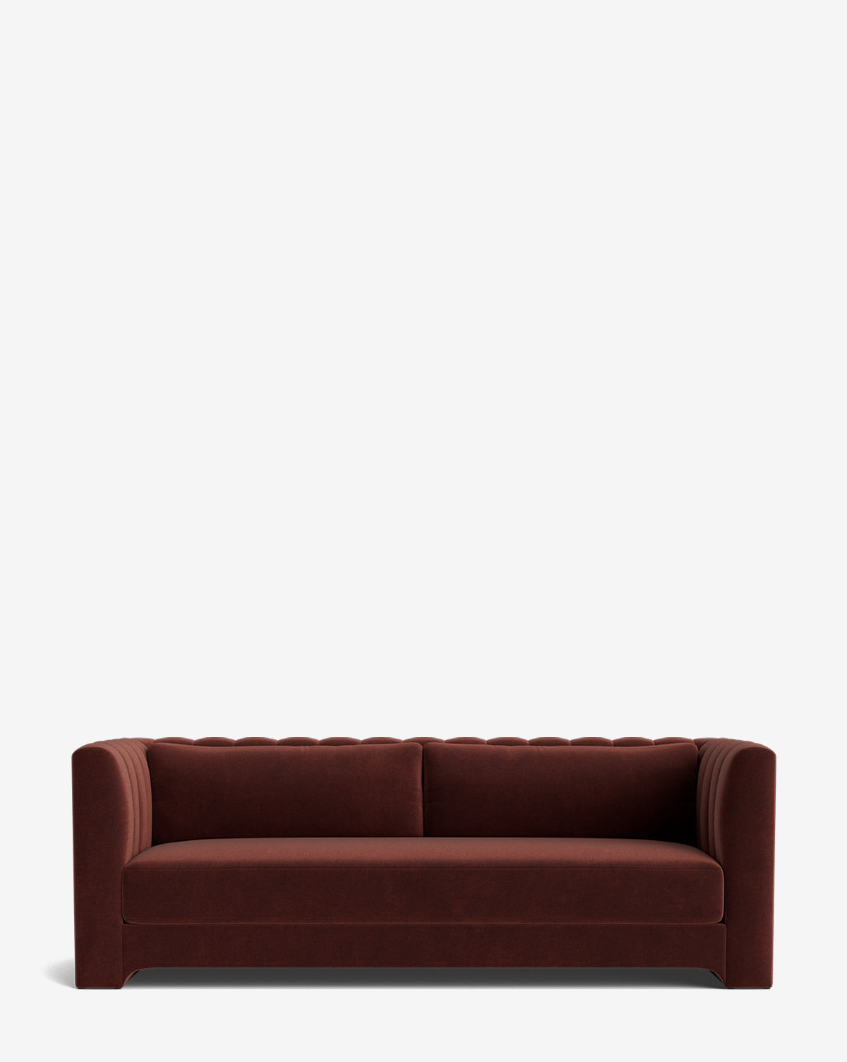 The Agatha Sofa 90 features dark red velvet upholstery, straight arms, and a scalloped backrest in a Hollywood regency style, expertly handcrafted and set against a plain white background by Vendixs