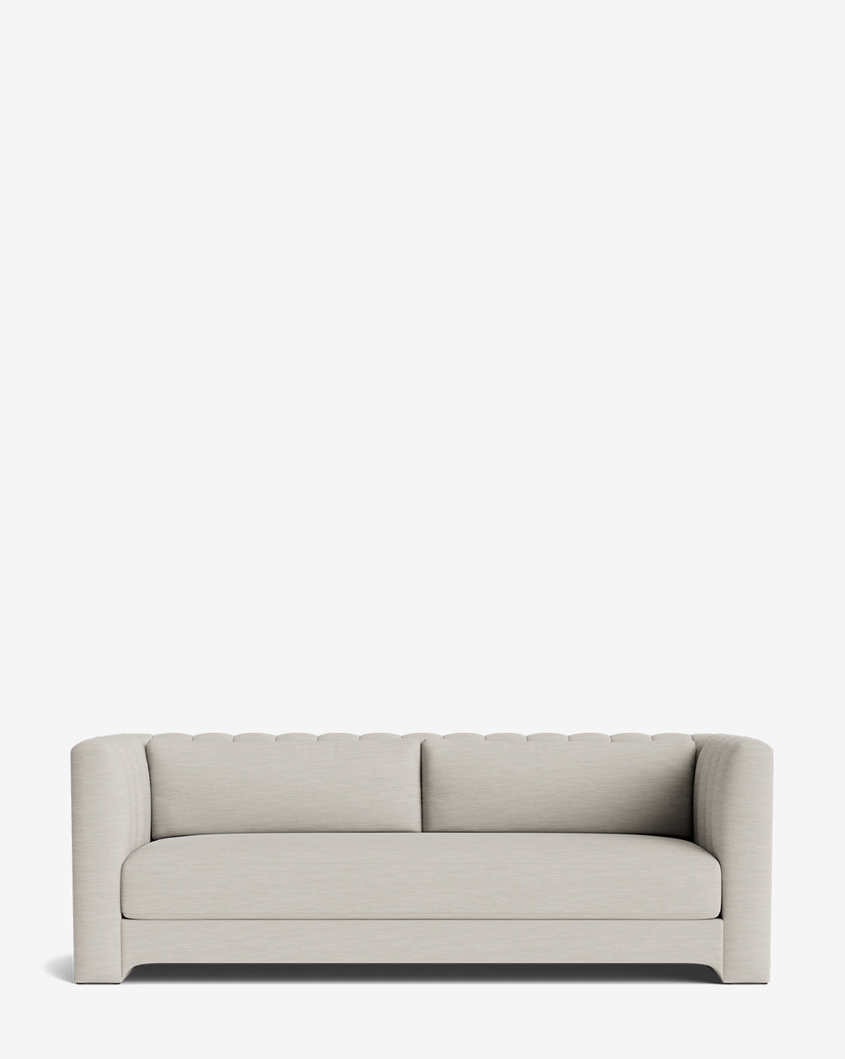 The Agatha Sofa 90 is a modern, light gray piece with rounded arms, two seat cushions, and a slightly curved backrest. Handcrafted for elegance and comfort, its minimalist design stands out against a plain white background, by Vendixs