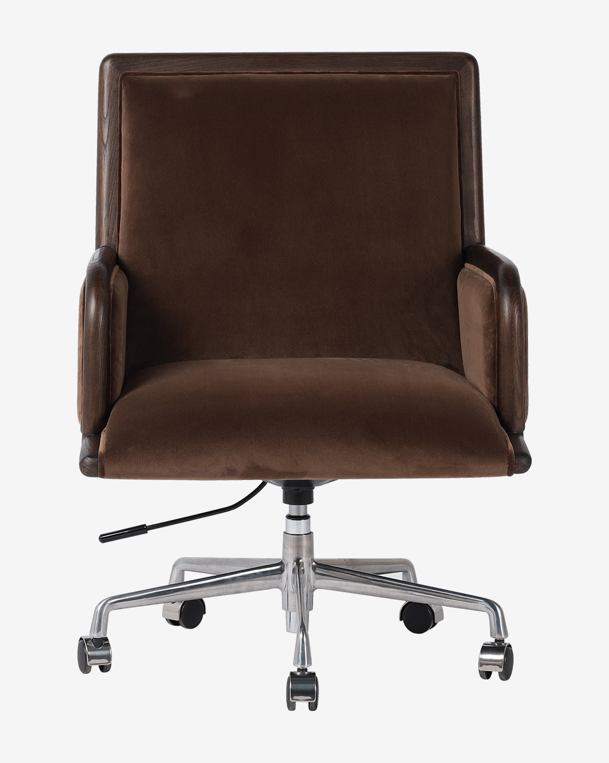 The Four Hands Ailish Desk Chair is a brown velvet upholstered office chair with wooden armrests, chrome base, five caster wheels, and adjustable height lever, shown from the front against a white background, Vendixs