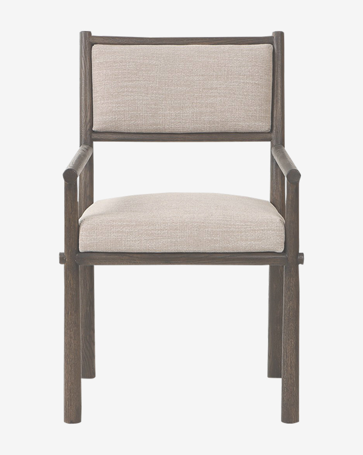 The Four Hands Ailsa Dining Chair is a modern wooden armchair with a dark brown frame and light beige cushioned seat and backrest, shown from the front against a plain white background. Vendixs