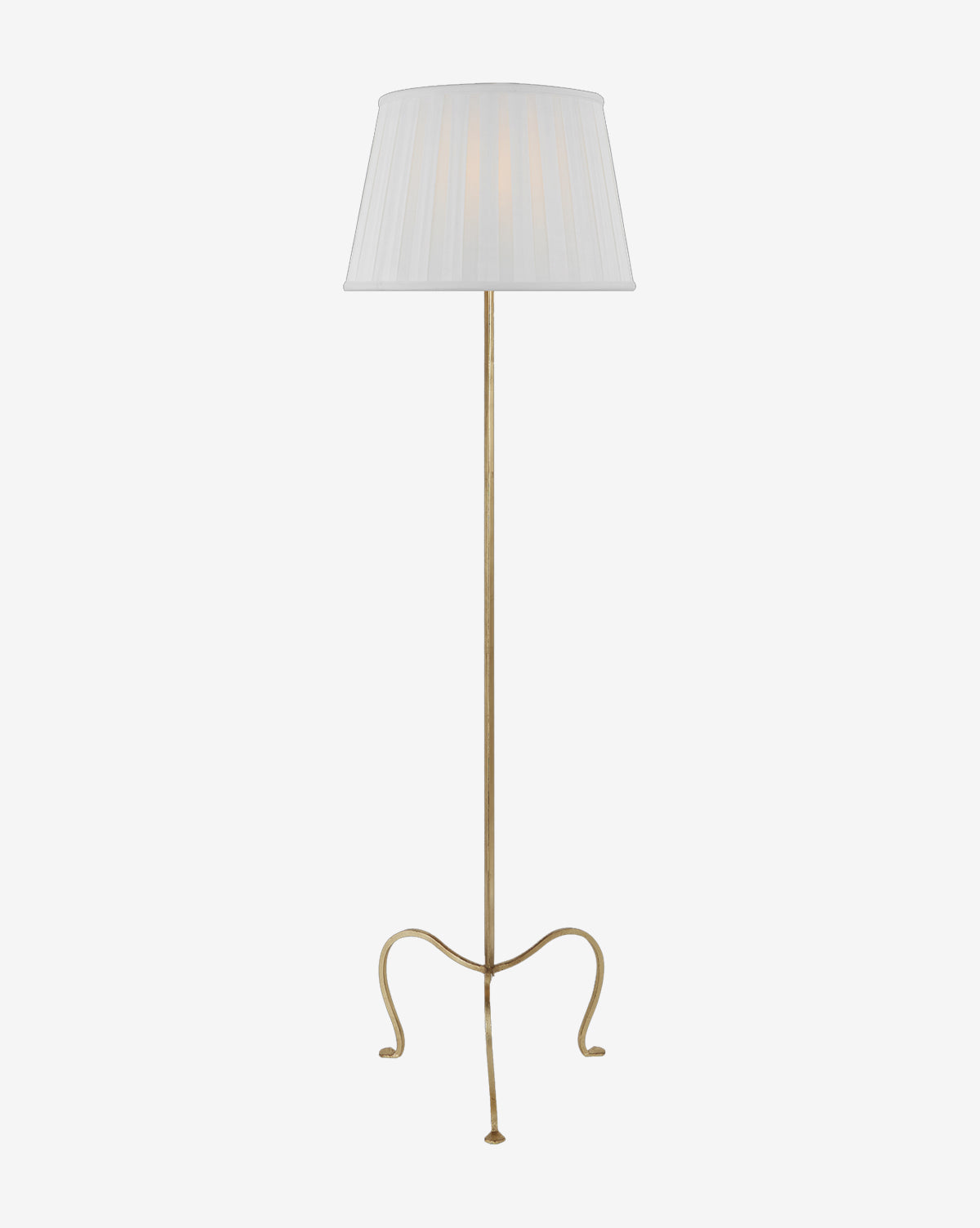 The Albert Petite Tri-Leg Floor Lamp by Visual Comfort & Co. Signature features a slender gilded iron pole, three curved legs, and a white silk pleated shade, shown against a plain white background. Vendixs