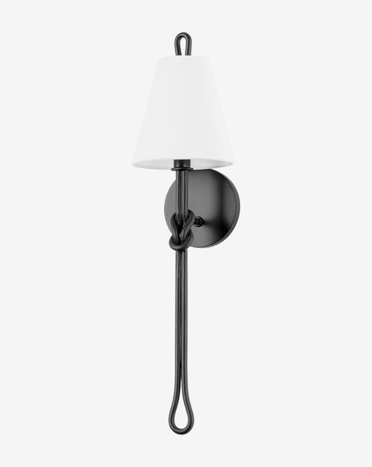 The Alburgh Sconce by Hudson Valley Lighting features a minimalist black metal looped knot base and a white linen shade, bringing modern elegance and sophistication to any space. Vendixs