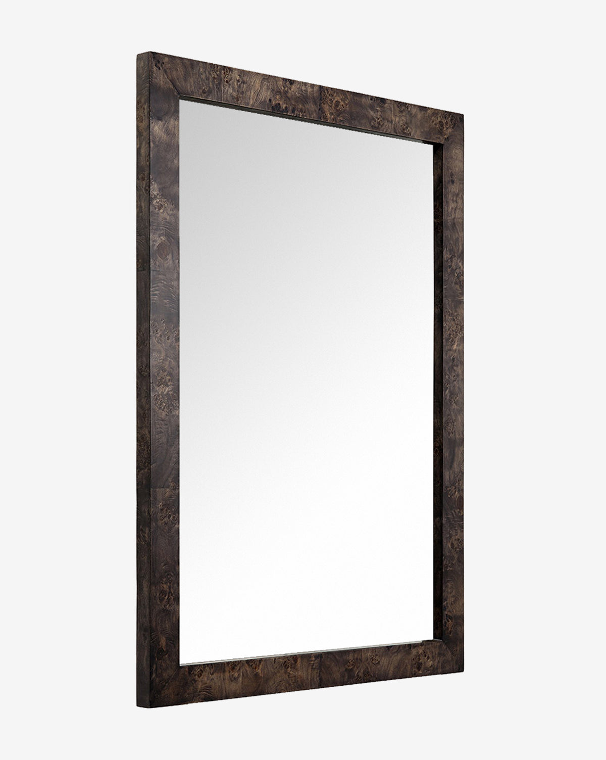 The Alexia Rectangular Mirror features a wide, dark burl wood-grain frame and is shown from an angled view against a plain white background, creating a sophisticated statement piece for any space, by Vendixs