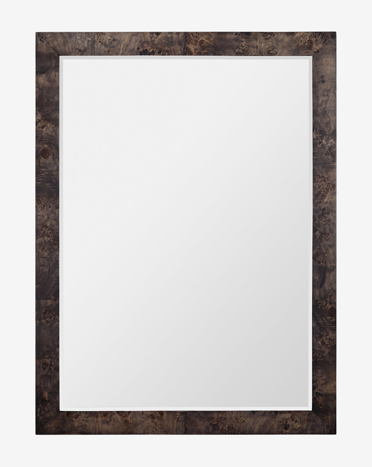 The Alexia Rectangular Mirror features a thick, dark brown burl wood frame and clean, reflective glass. Displayed against a white background, it makes a striking statement piece for any space, by Vendixs
