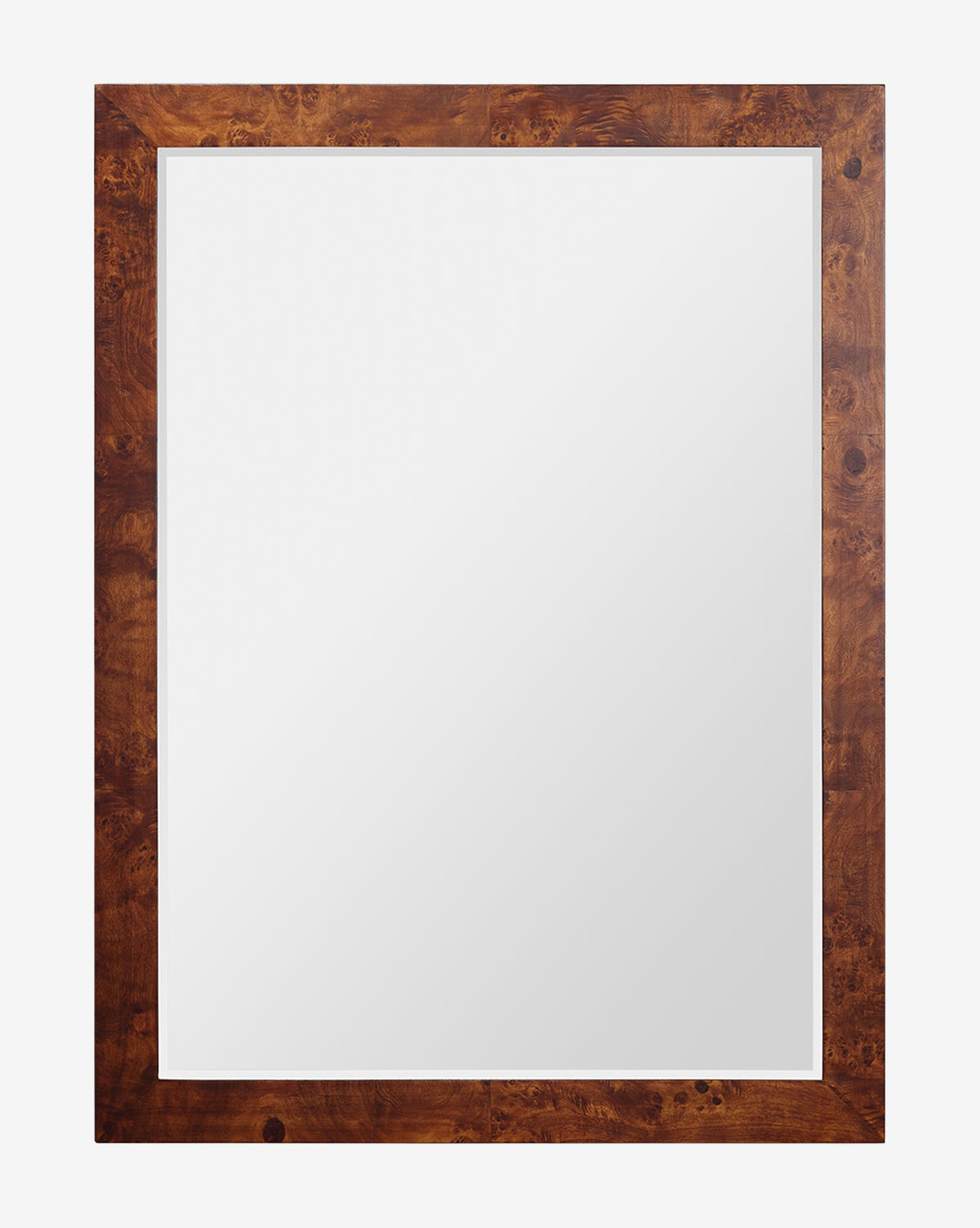 The Alexia Rectangular Mirror features a wide, rich brown burl wood frame with natural grain patterns. Its clean, reflective surface and unique texture make it a stunning statement piece for any room, by Vendixs