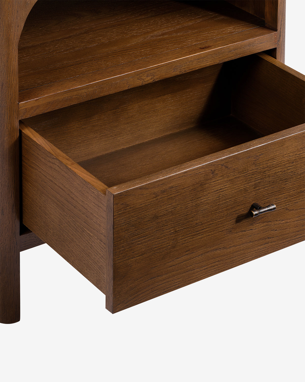 A close-up of the Ambrosia Nightstand shows its single drawer partially open, revealing the interior. The walnut oak veneer has a rich brown finish, accented by an antique brass handle, by Vendixs