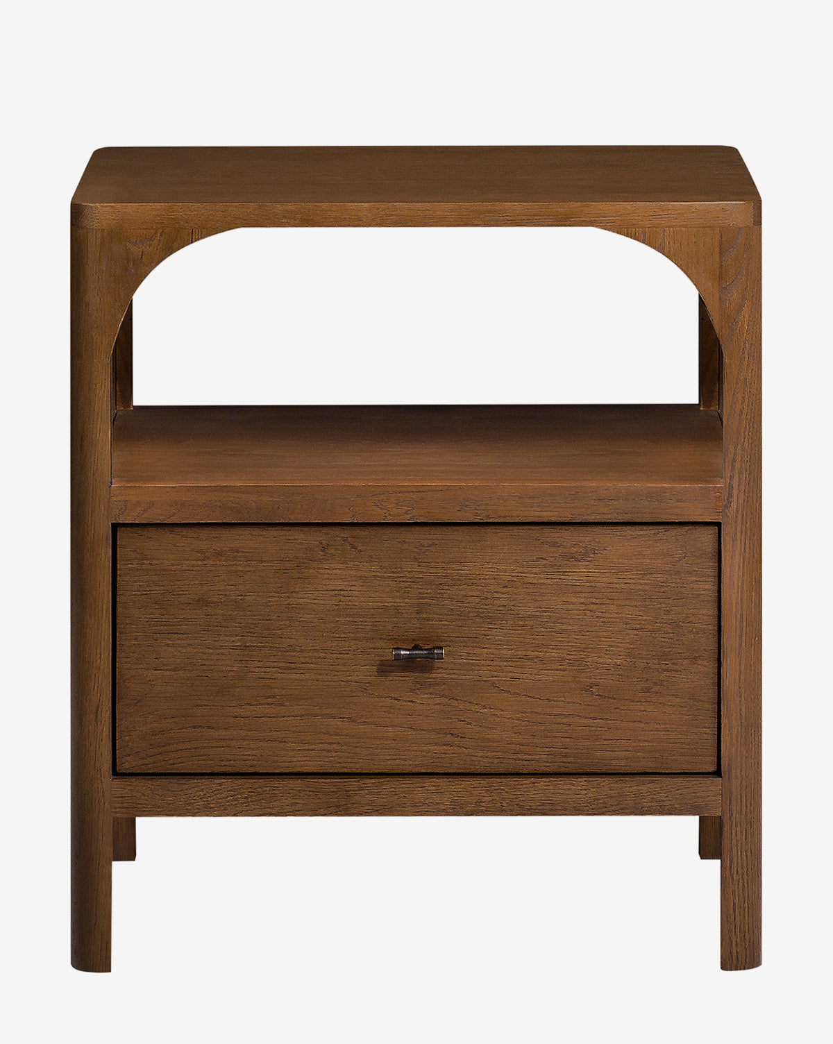 The Ambrosia Nightstand by Co. House Designs LLC features a rectangular walnut oak veneer in warm brown, with an open shelf above a single drawer accented by antique brass hardware. Vendixs