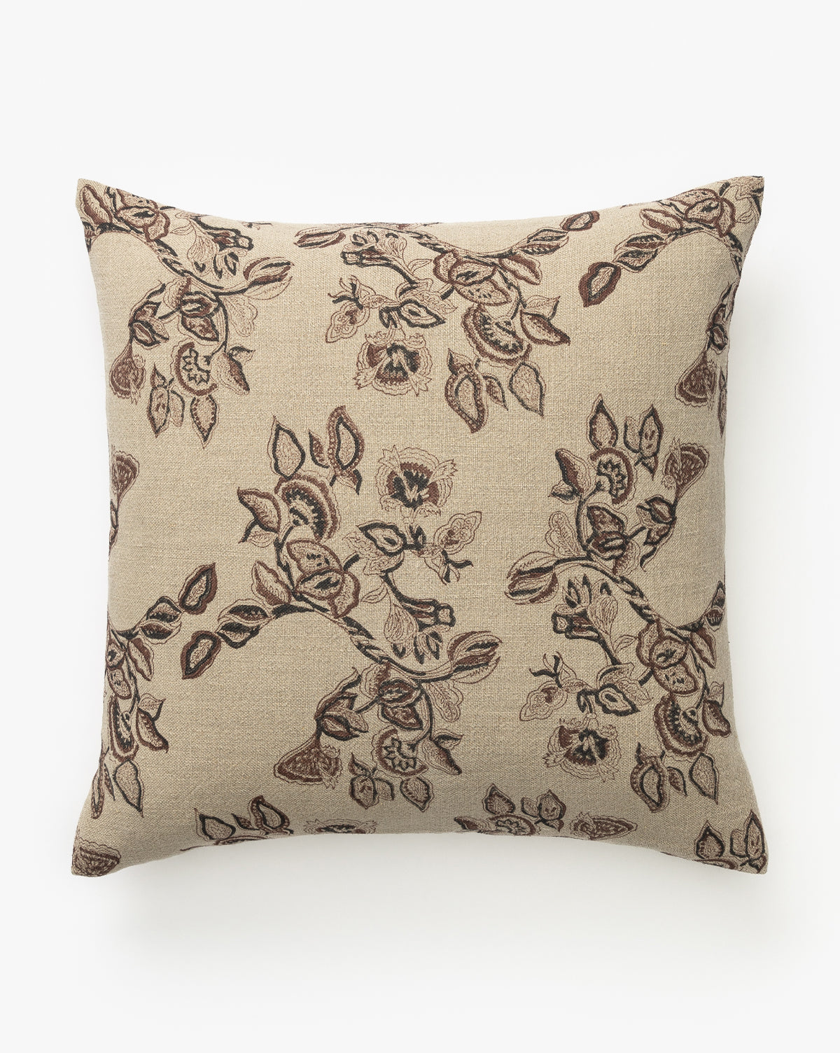 The Amelia Floral Pillow Cover features a square beige design with dark brown and taupe embroidered branches, leaves, and stylized flowers on a soft cotton-linen blend background, by McGee & Co.