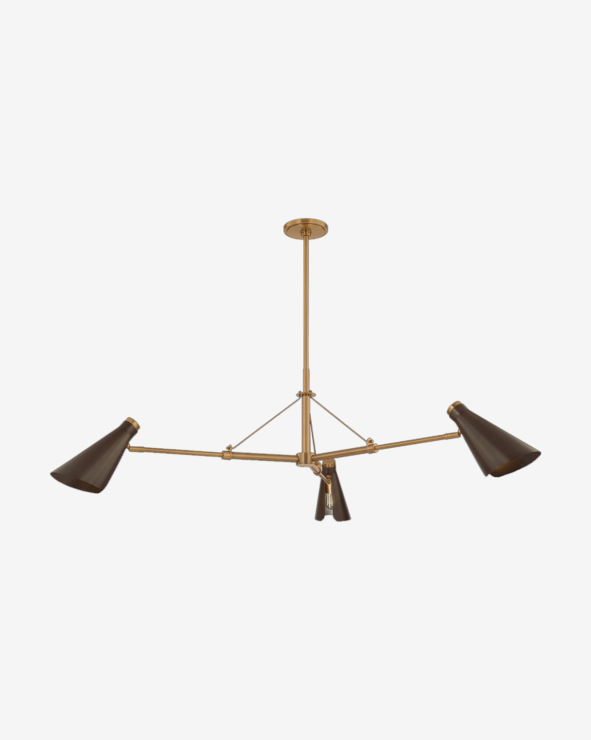 The Andersen Chandelier by Troy Lighting features a bronze-finished steel frame and three adjustable black cone-shaped shades, elegantly suspended from the ceiling by a central rod. Vendixs
