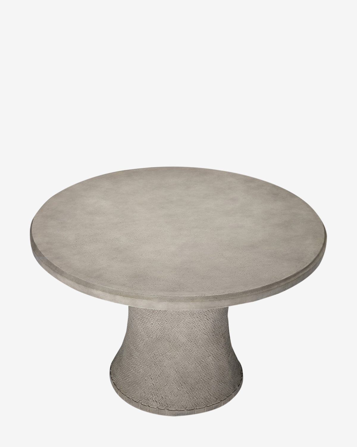 The Andrea Dining Table features a round, light gray modern organic design with a wide, flat top and a textured cylindrical pedestal base, displayed against a plain white background by McGee & Co.
