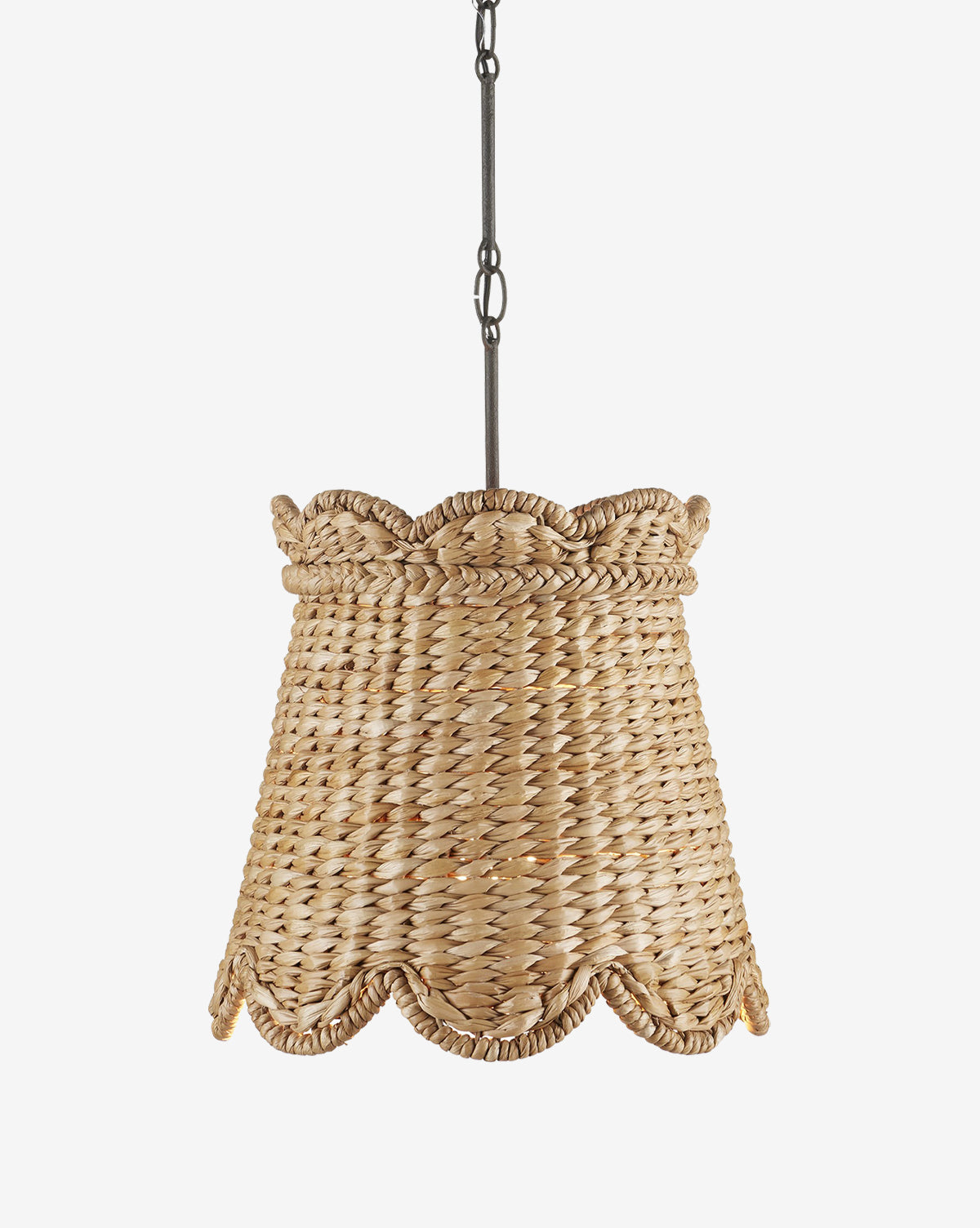 The Annabelle Woven Pendant by Currey & Co. features a scalloped-edge shade, handwoven from water hyacinth and suspended by a metal chain—an elegant artisan light showcased against a white background, available at Vendixs