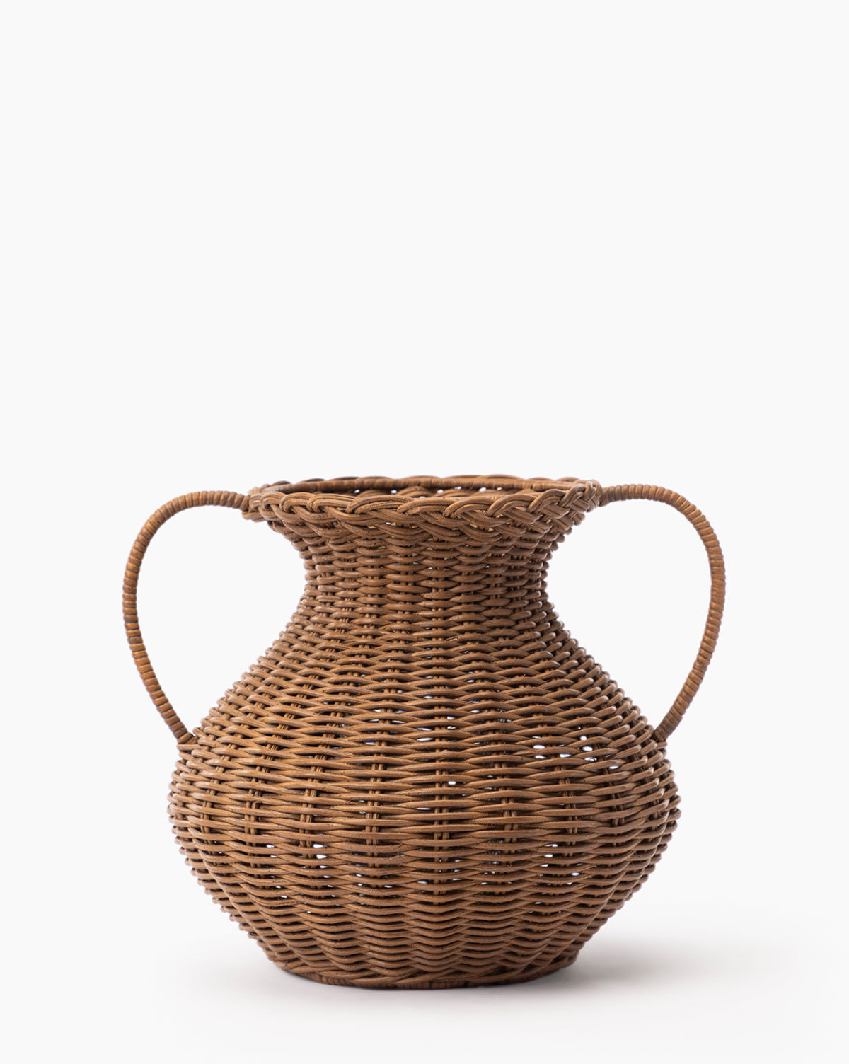 The Antonia Woven Vase features a large, brown design with a rounded body, narrow neck, flared rim, and two curved handles on each side, shown against a plain white background.