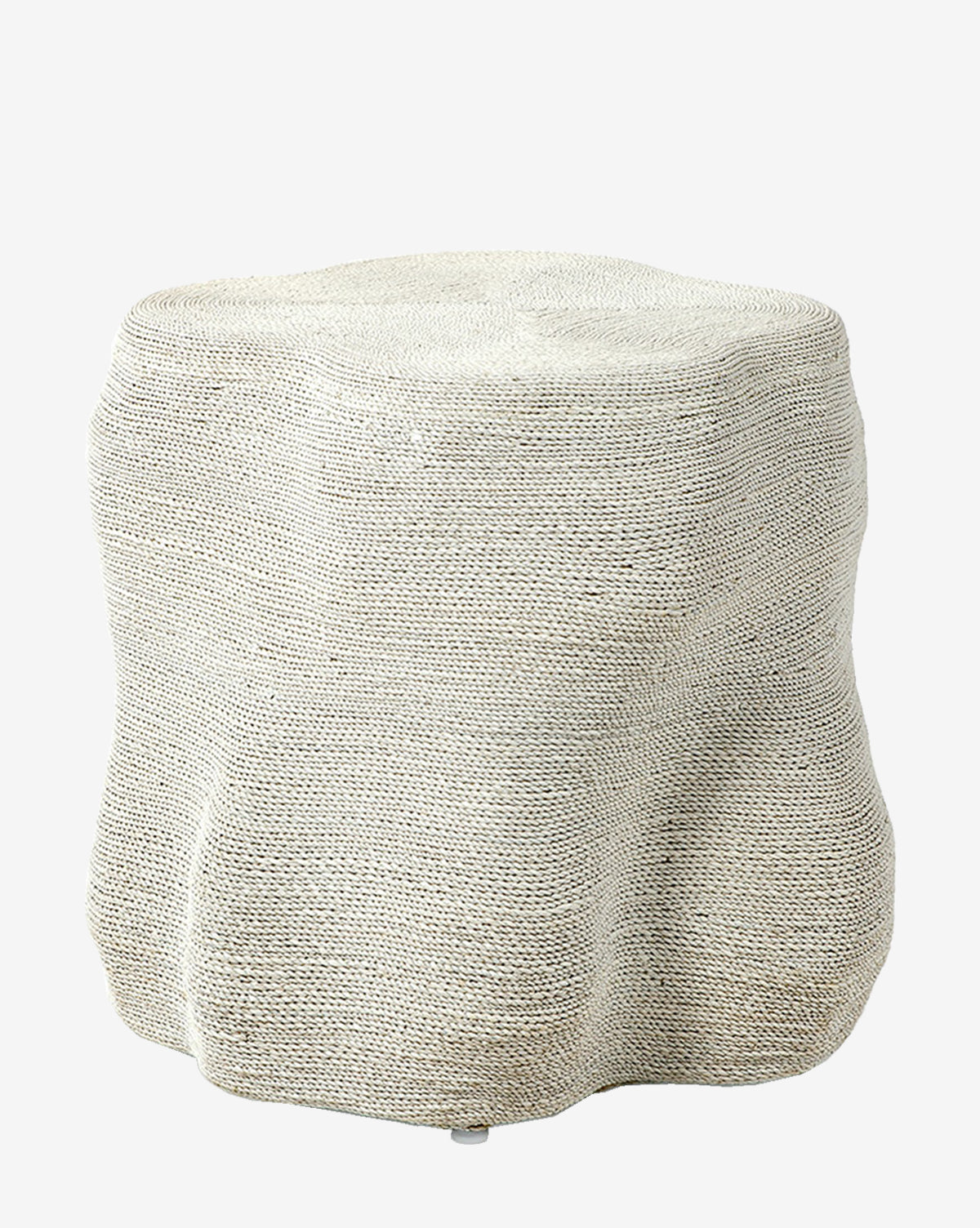 The Aphra Side Table by Palecek features a round, textured design in beige, crafted from handwoven Lampakanay rope with an organic shape—ideal for living room styling and shown against a plain white background. Vendixs