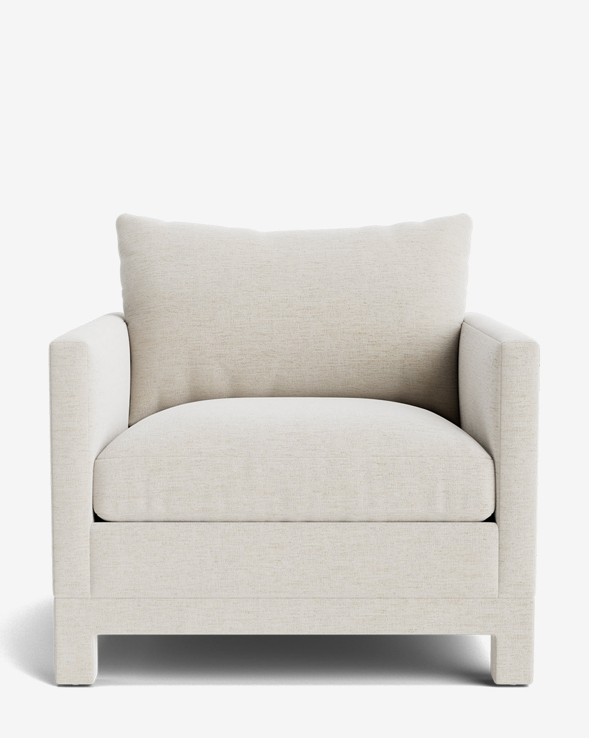 The Appoline Lounge Chair from our Upholstery Collection is a modern, oversized armchair in light beige fabric with a plush seat cushion, large back pillow, and wide armrests. Made to order, it sits on short block feet, by Vendixs