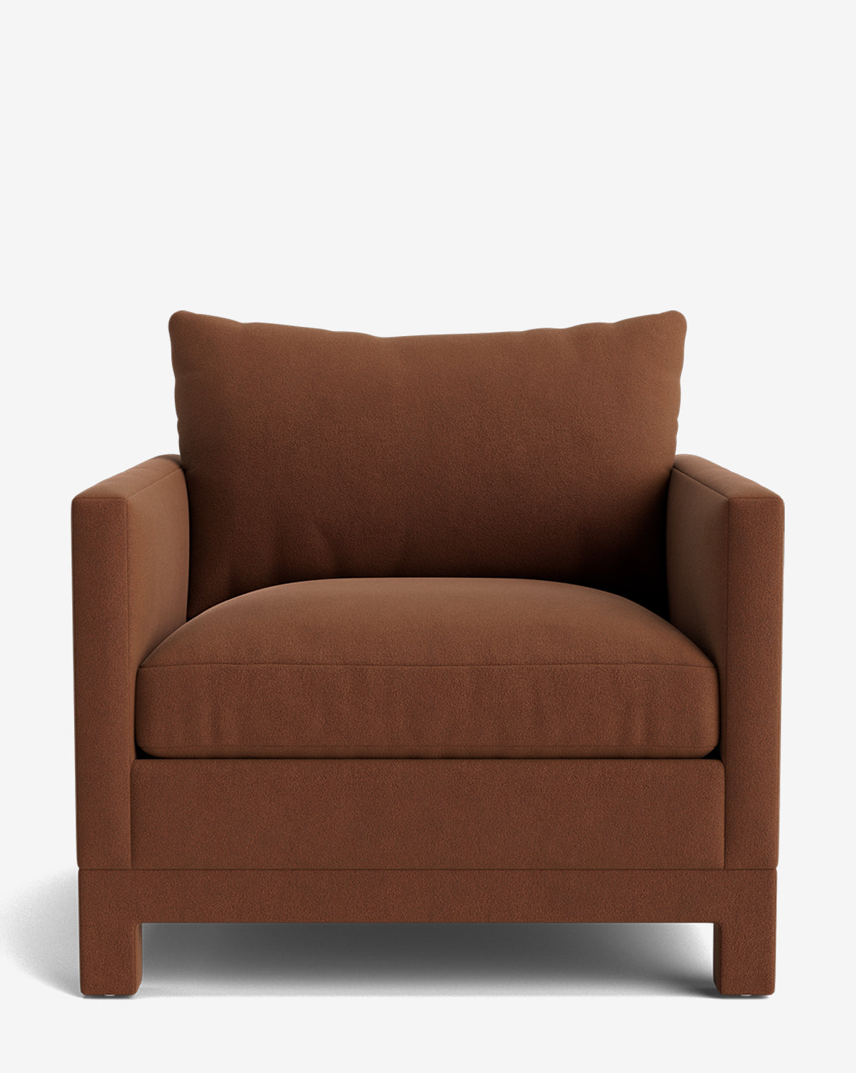 The Appoline Lounge Chair from our Upholstery Collection is a wide, boxy armchair featuring brown fabric upholstery, a thick seat cushion, large back cushion, and straight armrests, shown against a plain white background by McGee & Co.