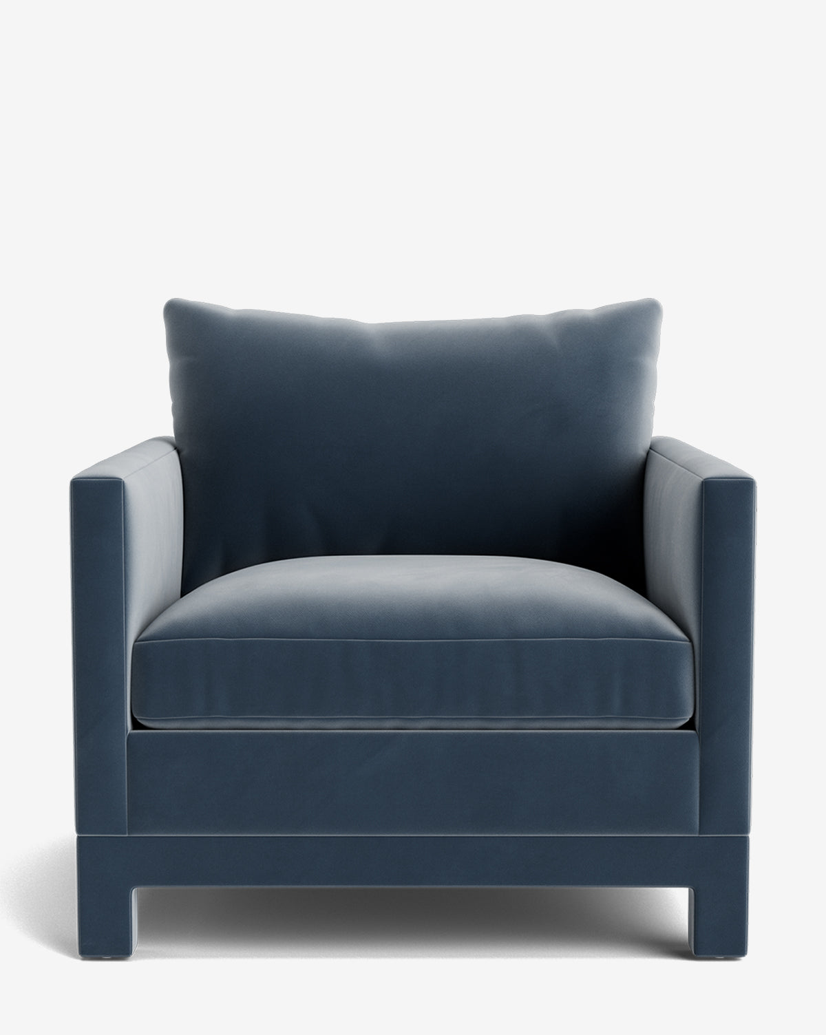The Appoline Lounge Chair from our Upholstery Collection is a deep blue armchair with square arms, a plush seat cushion, and a large matching back cushion, shown against a plain white background by Vendixs