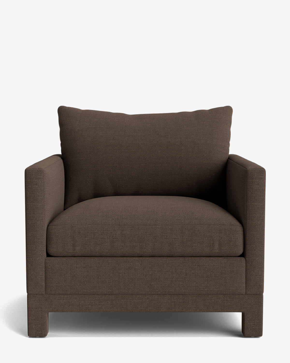 The Appoline Lounge Chair is a large, boxy seat from our Upholstery Collection, made to order in dark brown fabric with wide armrests and a plush back pillow, shown against a plain white background by McGee & Co.