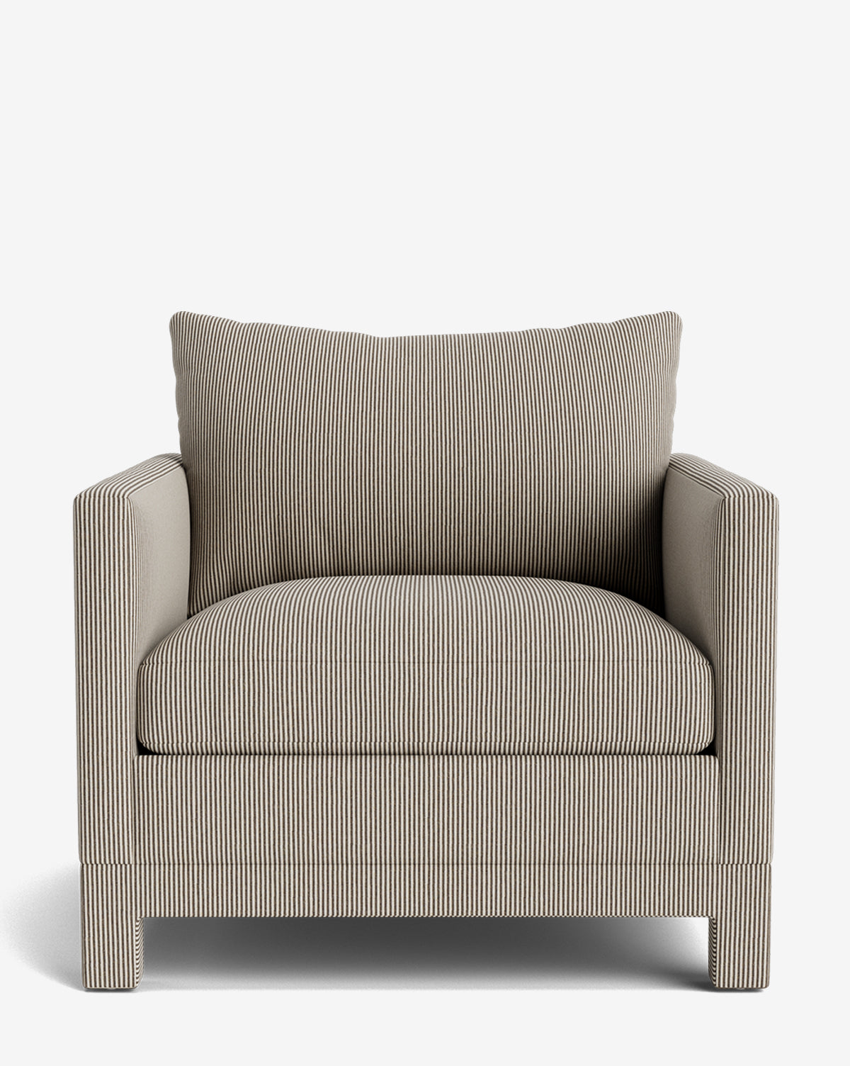 Part of our Upholstery Collection, the Appoline Lounge Chair features straight arms, a wide seat in light striped fabric, and includes a matching cushion plus block-style legs for a modern look, by Vendixs Made to order.