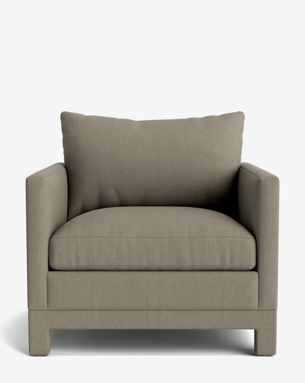 The Appoline Lounge Chair from our Upholstery Collection features a thick seat cushion, wide armrests, and a matching back cushion. This modern chair has light brown fabric, a boxy shape, and short block legs by Vendixs