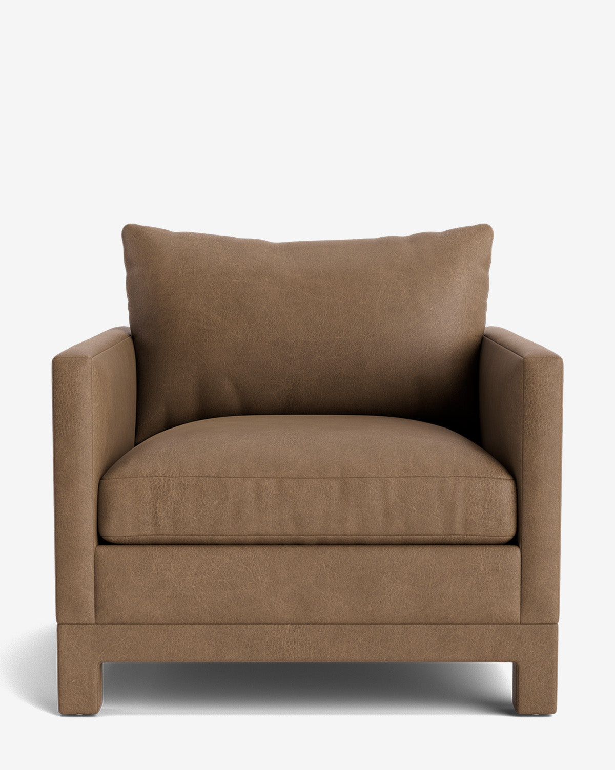 Part of our Upholstery Collection, the Appoline Lounge Chair features a brown leather finish, wide cushioned seat, thick backrest pillow, and square armrests—all made to order and shown front-facing on a plain white background, by Vendixs