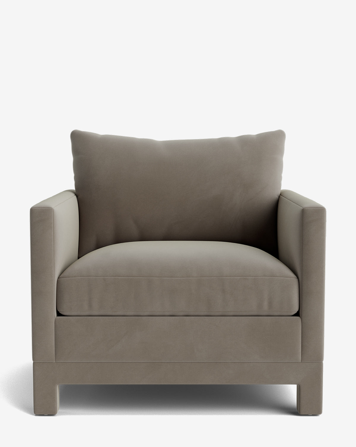 The Appoline Lounge Chair from our Upholstery Collection is a taupe armchair with a boxy design, wide arms, plush seat cushion, and large back pillow—made to order and photographed against a plain white background by McGee & Co.