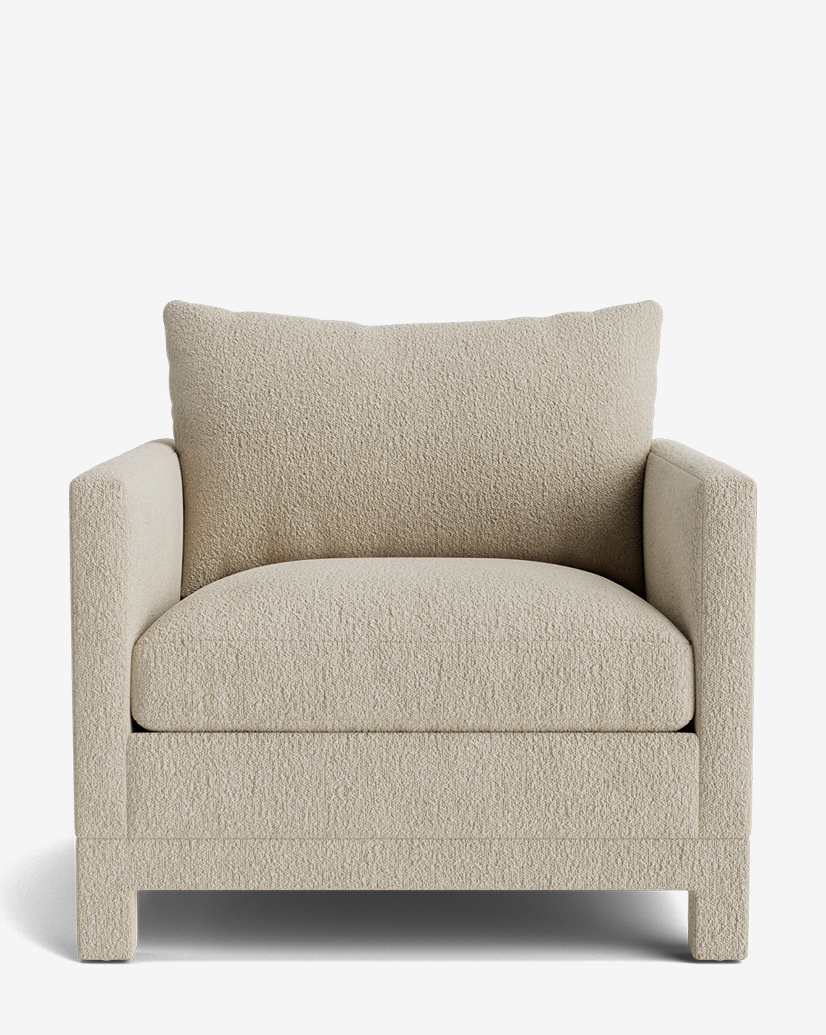 The Appoline Lounge Chair from our Upholstery Collection features a boxy design in textured beige fabric, thick armrests, a deep seat cushion, and a large back cushion. Made to order and shown against a plain white background by McGee & Co.