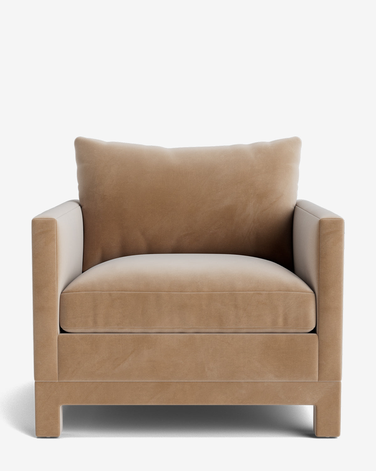 The Appoline Lounge Chair from our Upholstery Collection features soft tan upholstery, square arms, a plush seat cushion, and a matching back pillow, shown against a plain white background by McGee & Co.