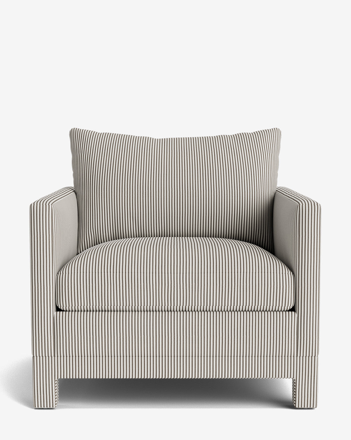 The Appoline Lounge Chair features a thick cushion and wide pillow backrest, upholstered in vertically striped fabric from our Upholstery Collection. Shown front-facing on a white background, this modern chair is available made to order, by Vendixs