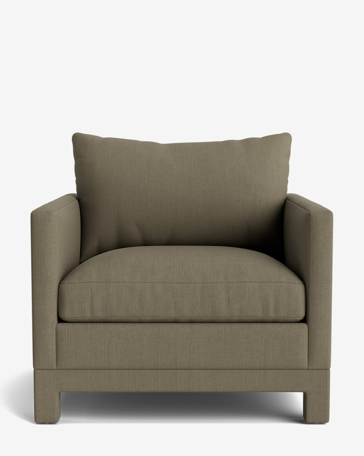 The Appoline Lounge Chair from our Upholstery Collection is a large, olive-green armchair with square arms, a thick seat cushion, and plush back. Shown front-facing against a white background; modern style, made to order by McGee & Co.
