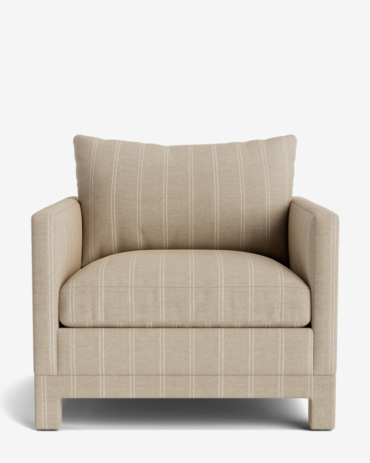 The Appoline Lounge Chair from our Upholstery Collection features a beige finish with white vertical stripes, square arms, and a plush back cushion, by McGee & Co. Its modern, boxy design is shown against a plain white background.