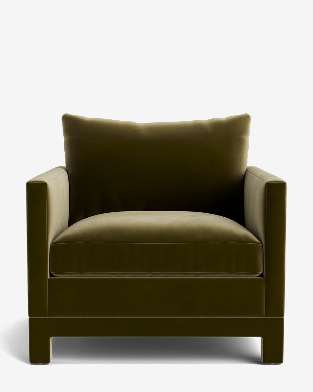 Front view of the Appoline Lounge Chair in olive green velvet, from our Upholstery Collection. Features square arms, plush seat and back cushions. Made to order and displayed against a plain white background by McGee & Co.