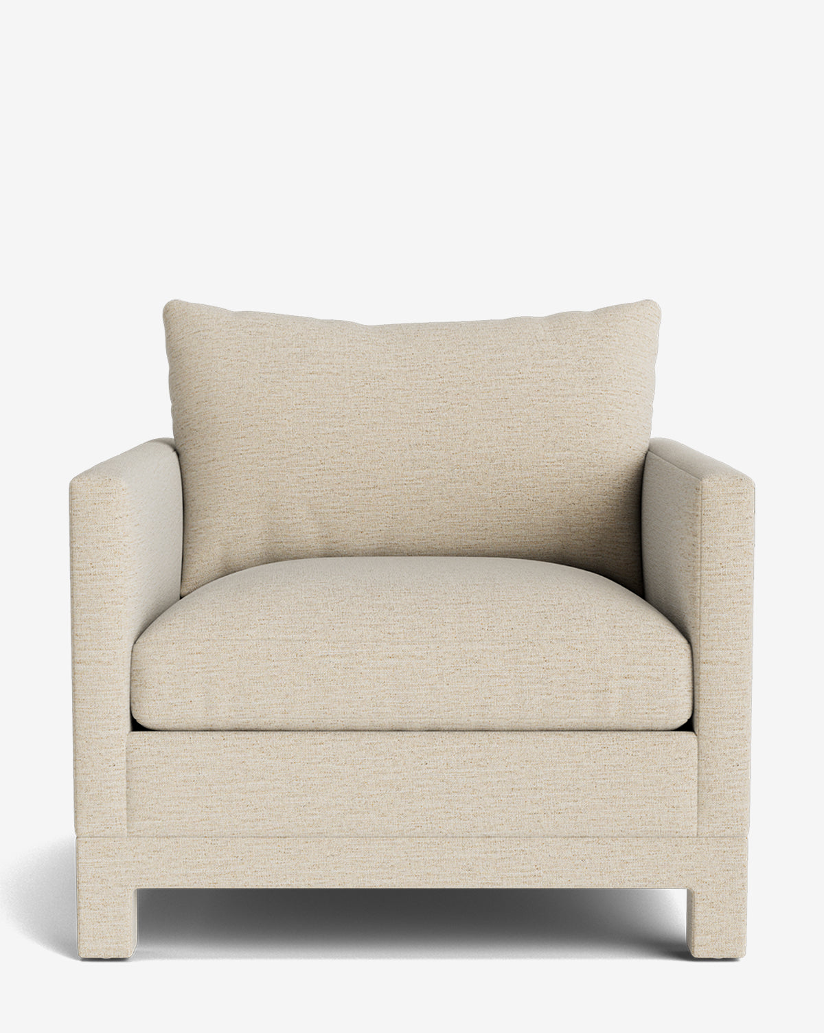 The Appoline Lounge Chair from our Upholstery Collection features a beige upholstered finish, wide armrests, a thick seat cushion, and a plush back pillow; each made to order and pictured against a white background by McGee & Co.
