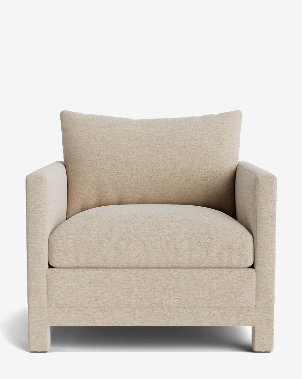 The Appoline Lounge Chair is a modern beige armchair with thick cushions, straight armrests, and a boxy frame from our Upholstery Collection, by McGee & Co. Made to order for your space and displayed against a plain white background.