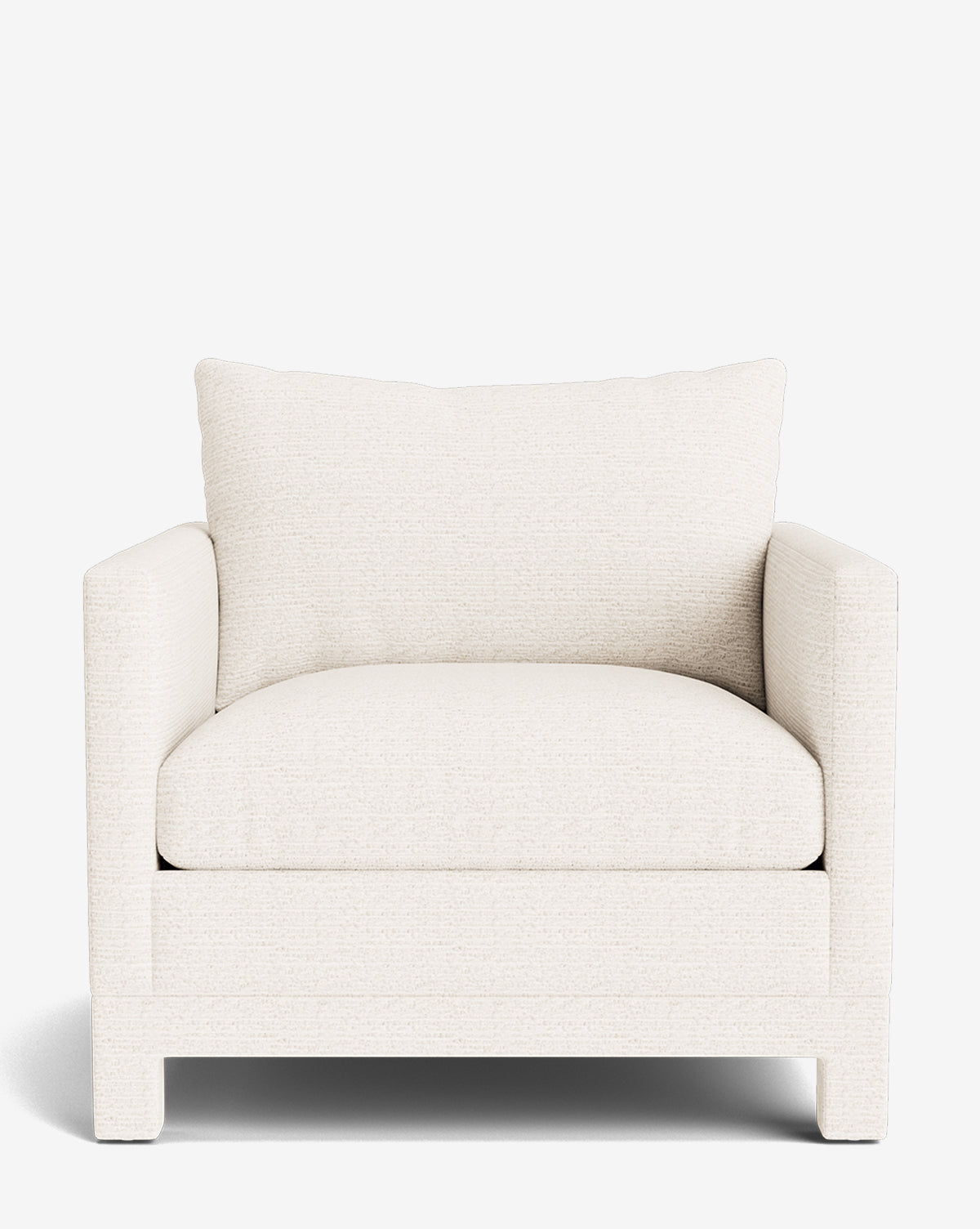 The Appoline Lounge Chair from our Upholstery Collection features a large, cushioned modern design with square arms, a deep seat, off-white fabric upholstery, and a matching plush back cushion, shown against a plain white background by McGee & Co.
