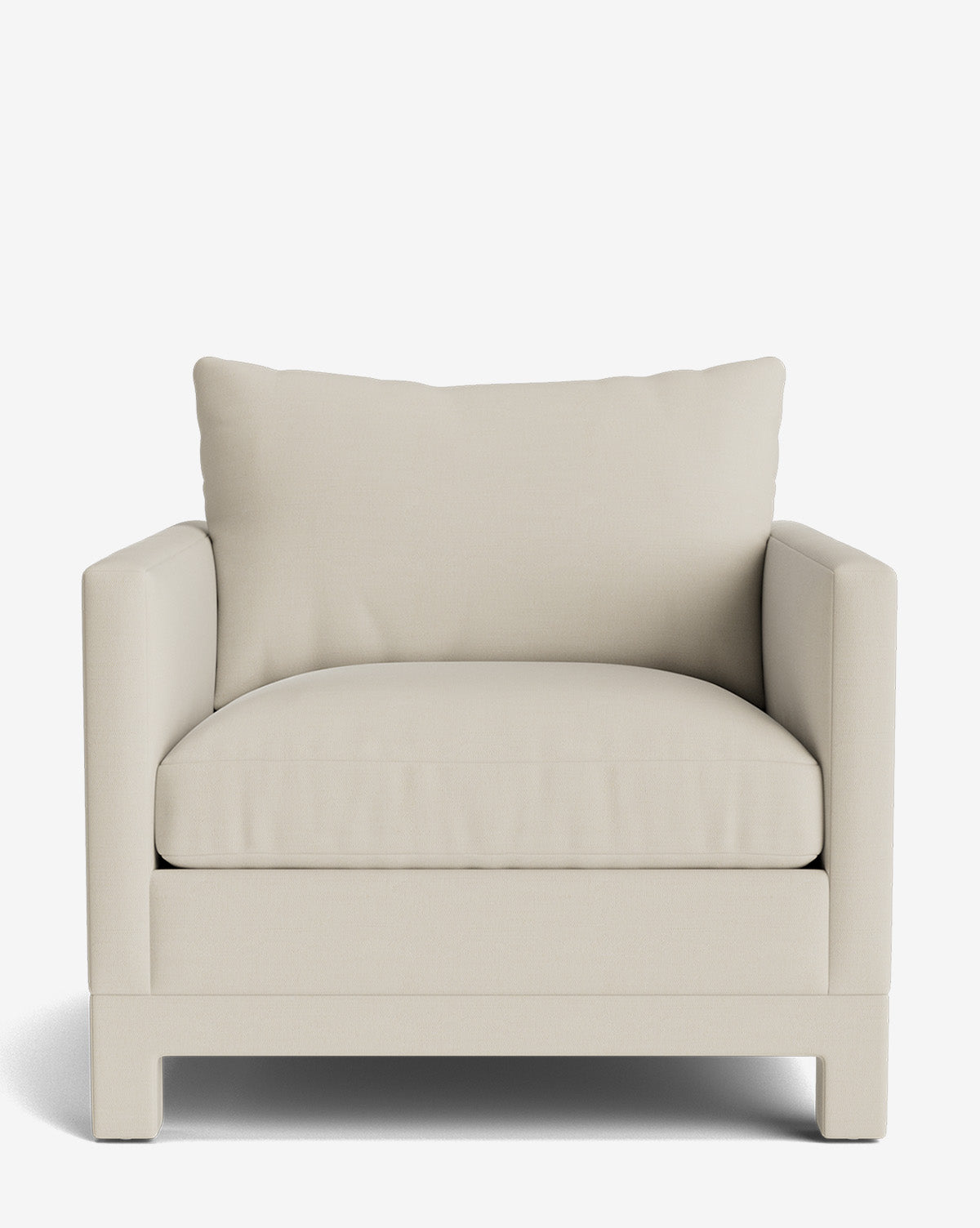 The Appoline Lounge Chair features light beige upholstery, thick seat and back cushions, and wide square armrests in a modern design from our Upholstery Collection, shown against a plain white background by McGee & Co.