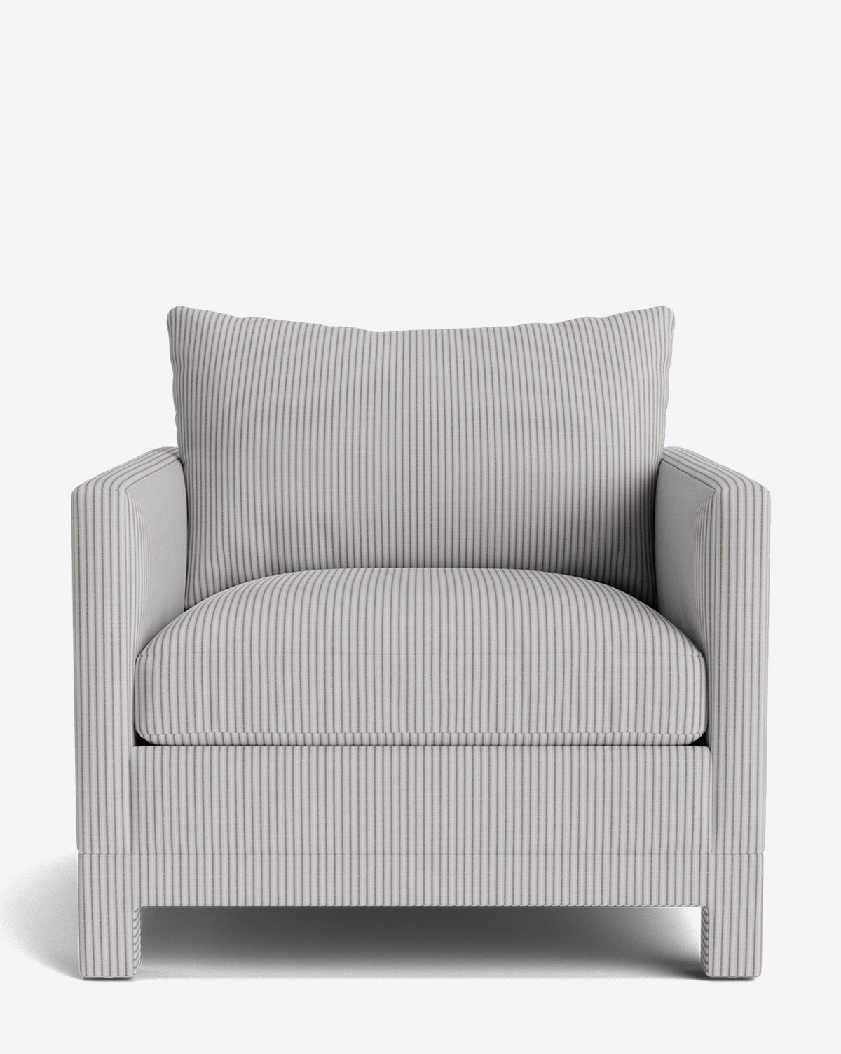 The Appoline Lounge Chair from our Upholstery Collection features plush, striped beige and white fabric, a large cushioned backrest, and square armrests, by McGee & Co. This modern chair is displayed against a plain white background.