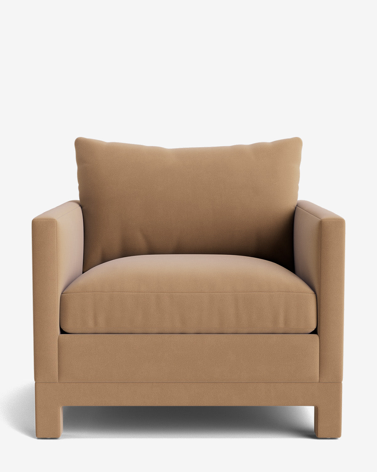 The Appoline Lounge Chair from the Upholstery Collection features tan upholstery, wide padded arms, a thick seat cushion, and a plush back pillow—made to order and shown against a plain white background by Vendixs